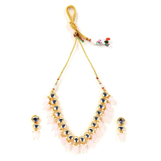 Sizzle Jewels Graceful Kundan Necklace Set with Soft Pink Beads – Traditional Gold-Plated Jewellery SIZZLE JEWELS