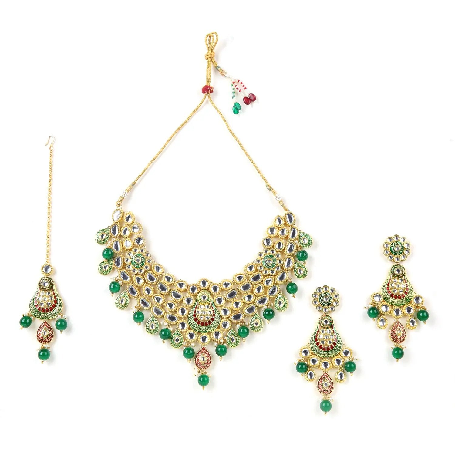 Sizzle Jewels Royal Kundan Green and Red Heavy Necklace Set | Handcrafted Bridal Jewelry with Earrings | Maang Tikka SIZZLE JEWELS