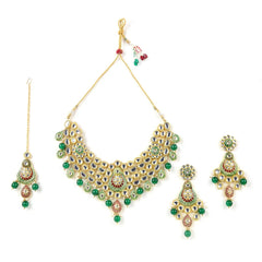 Sizzle Jewels Royal Kundan Green and Red Heavy Necklace Set | Handcrafted Bridal Jewelry with Earrings | Maang Tikka SIZZLE JEWELS