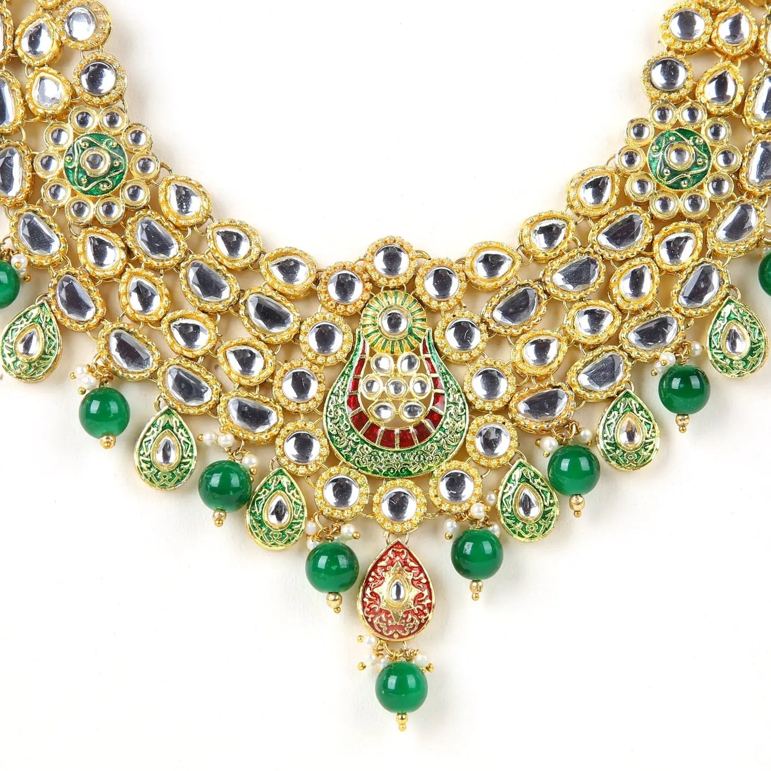 Sizzle Jewels Royal Kundan Green and Red Heavy Necklace Set | Handcrafted Bridal Jewelry with Earrings | Maang Tikka SIZZLE JEWELS