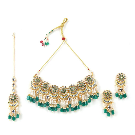 Sizzle Jewels Royal Green Kundan Pearl Choker Necklace Set with Earrings and Maang Tikka SIZZLE JEWELS