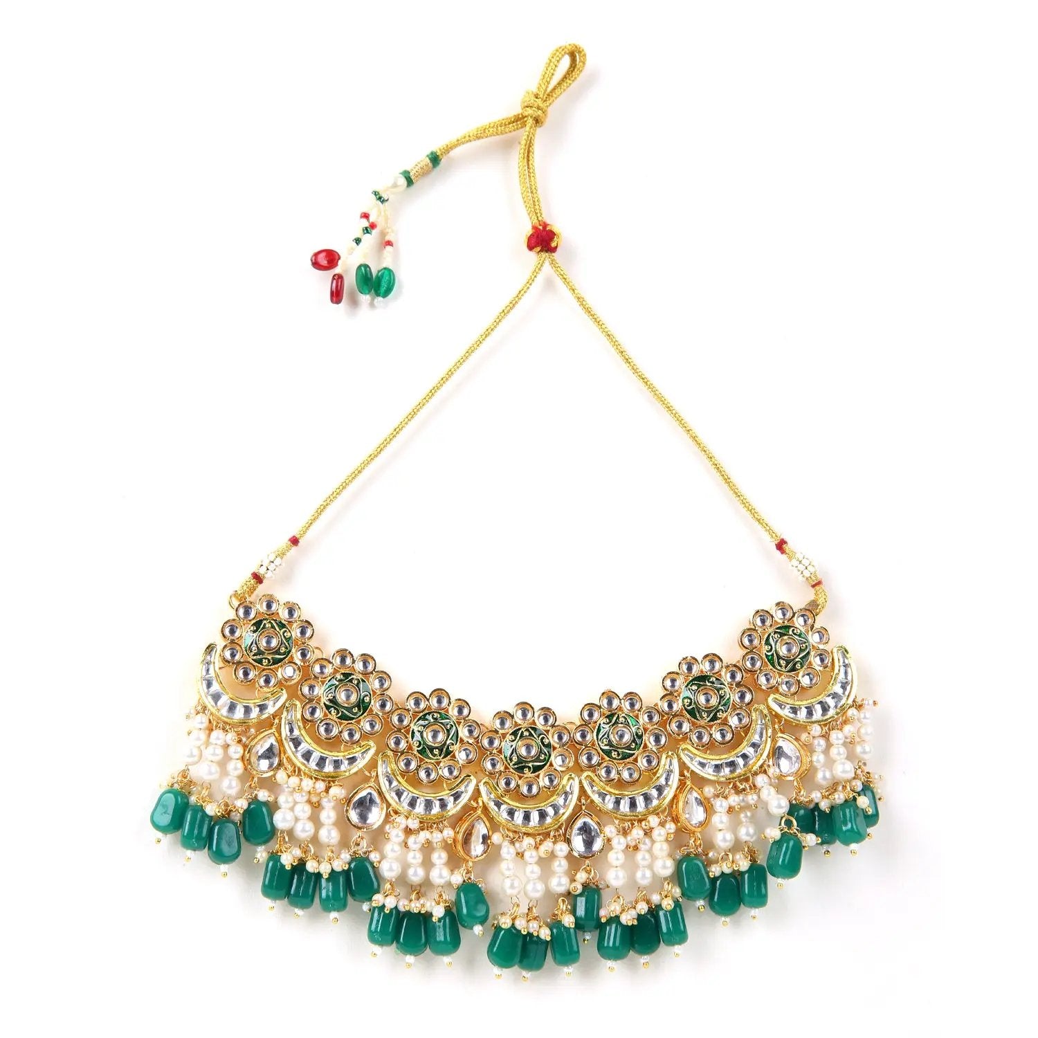 Sizzle Jewels Royal Green Kundan Pearl Choker Necklace Set with Earrings and Maang Tikka SIZZLE JEWELS