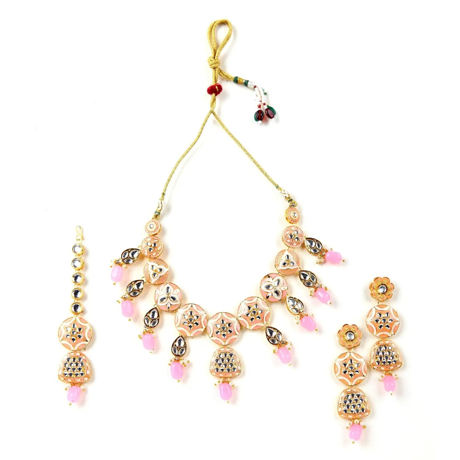 Sizzle Jewels Handcrafted Kundan Necklace Set with Baby Pink Beads and Maang Tikka SIZZLE JEWELS