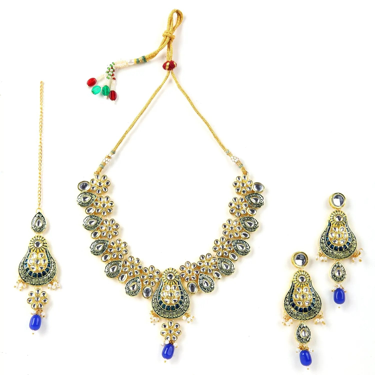Sizzle Jewels Royal Blue and Green Kundan Bridal Jewelry Set – Traditional Necklace with Earrings & Maang Tikka SIZZLE JEWELS