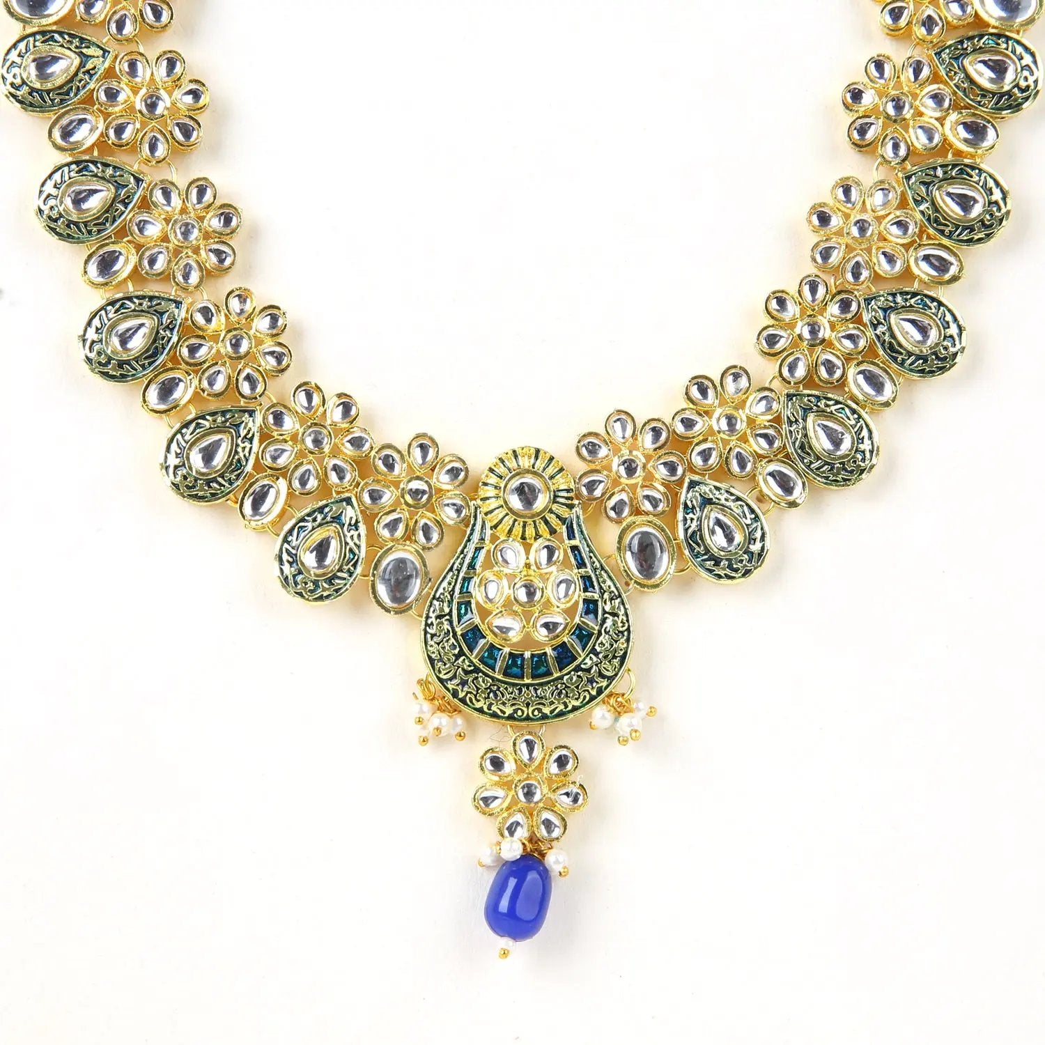 Sizzle Jewels Royal Blue and Green Kundan Bridal Jewelry Set – Traditional Necklace with Earrings & Maang Tikka SIZZLE JEWELS