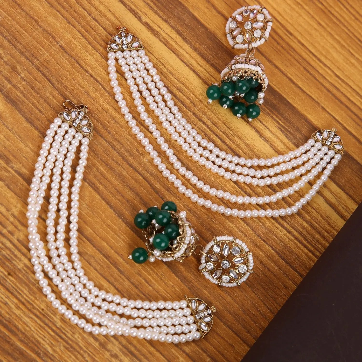 Sizzle Jewels Kundan and Pearl Layered Dangler Earrings with Green Bead Drops SIZZLE JEWELS