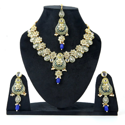 Sizzle Jewels Royal Blue and Green Kundan Bridal Jewelry Set – Traditional Necklace with Earrings & Maang Tikka SIZZLE JEWELS