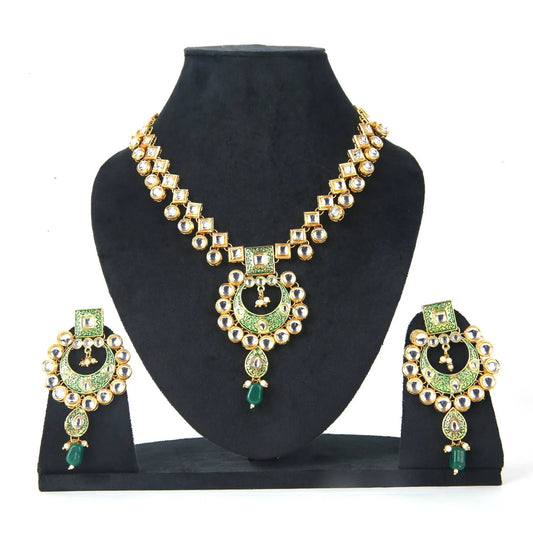 Sizzle Jewels Traditional Long Kundan Green Meenakari Necklace Set with Earrings SIZZLE JEWELS