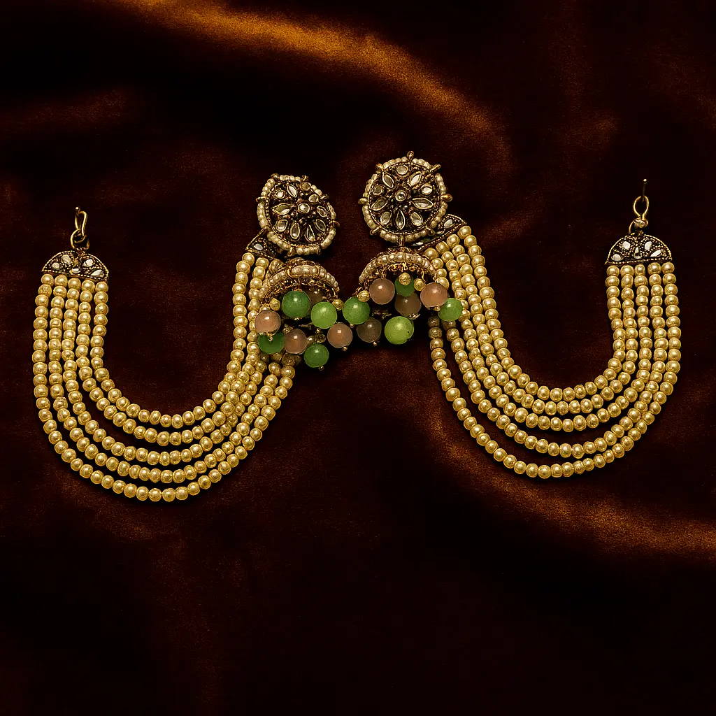 Traditional Kundan & Pearl Earrings with Green and Pink Beads – Bridal & Festive Jewelry Set SIZZLE JEWELS