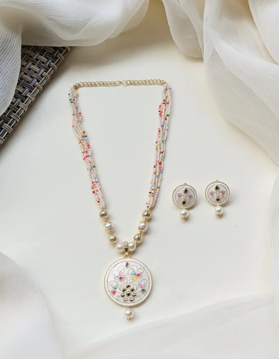 Handcrafted Meenakari Pendant Necklace Set with Multicolor Beads & Earrings β Traditional Indian Jewelry SIZZLE JEWELS