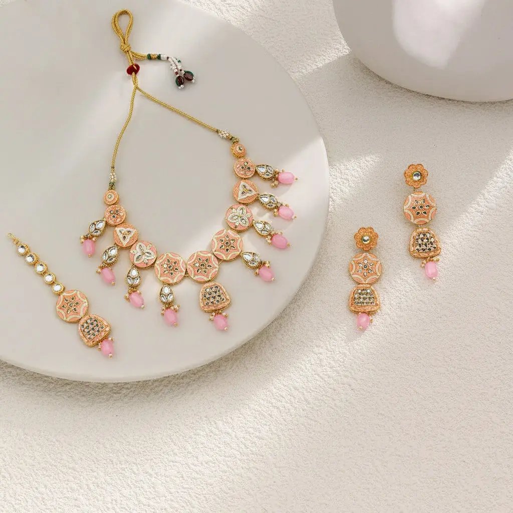 Sizzle Jewels Handcrafted Kundan Necklace Set with Baby Pink Beads and Maang Tikka SIZZLE JEWELS