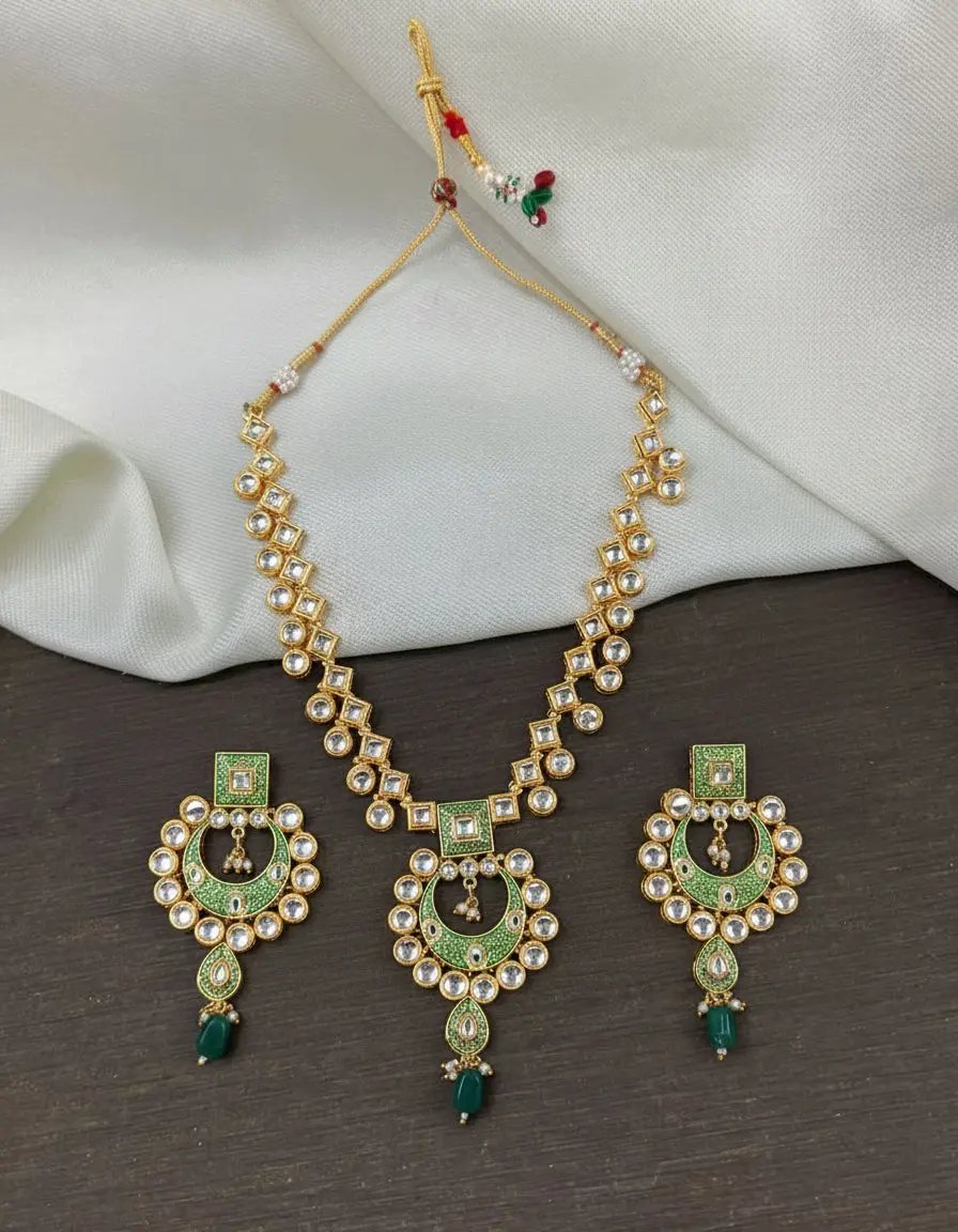 Sizzle Jewels Traditional Long Kundan Green Meenakari Necklace Set with Earrings SIZZLE JEWELS