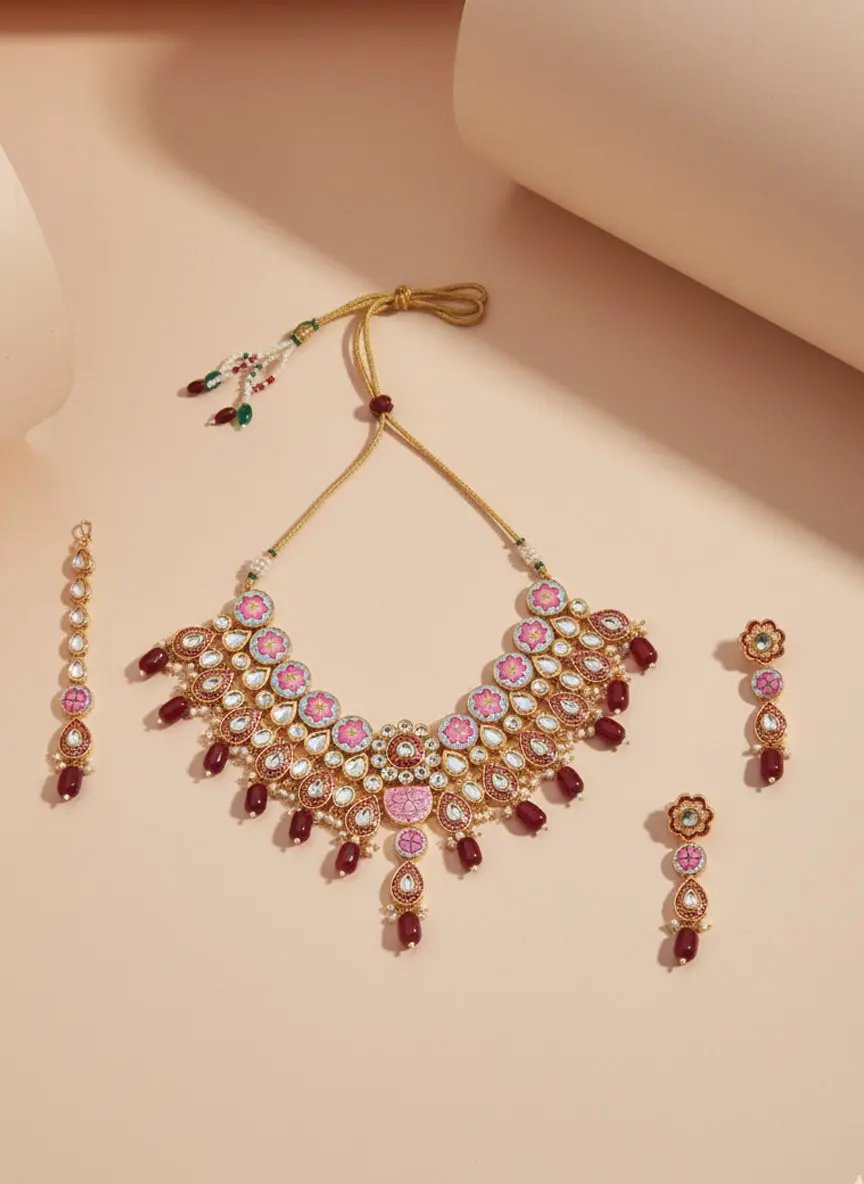 Sizzle Jewels Elegant Pink and Maroon Kundan Meenakari Necklace Set | Handmade Bridal Jewelry with Earrings and Maang Tikka SIZZLE JEWELS