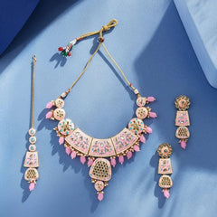 Sizzle Jewels Elegant Pink Handmade Meenakari Necklace Set with Earrings | Maang Tikka SIZZLE JEWELS