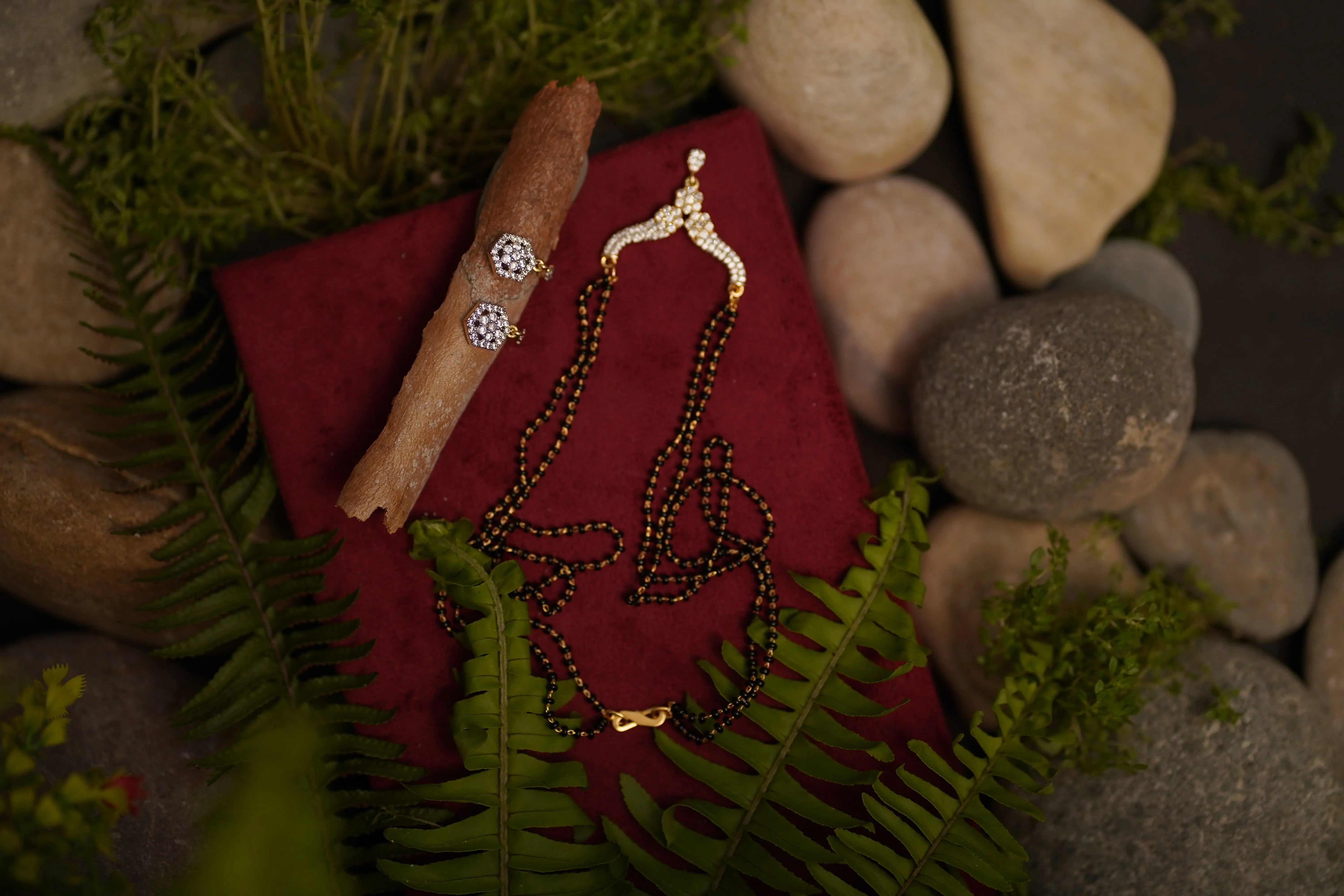 Designer Diamond Mangalsutra with Double Chain & Matching Earrings Set SIZZLE JEWELS