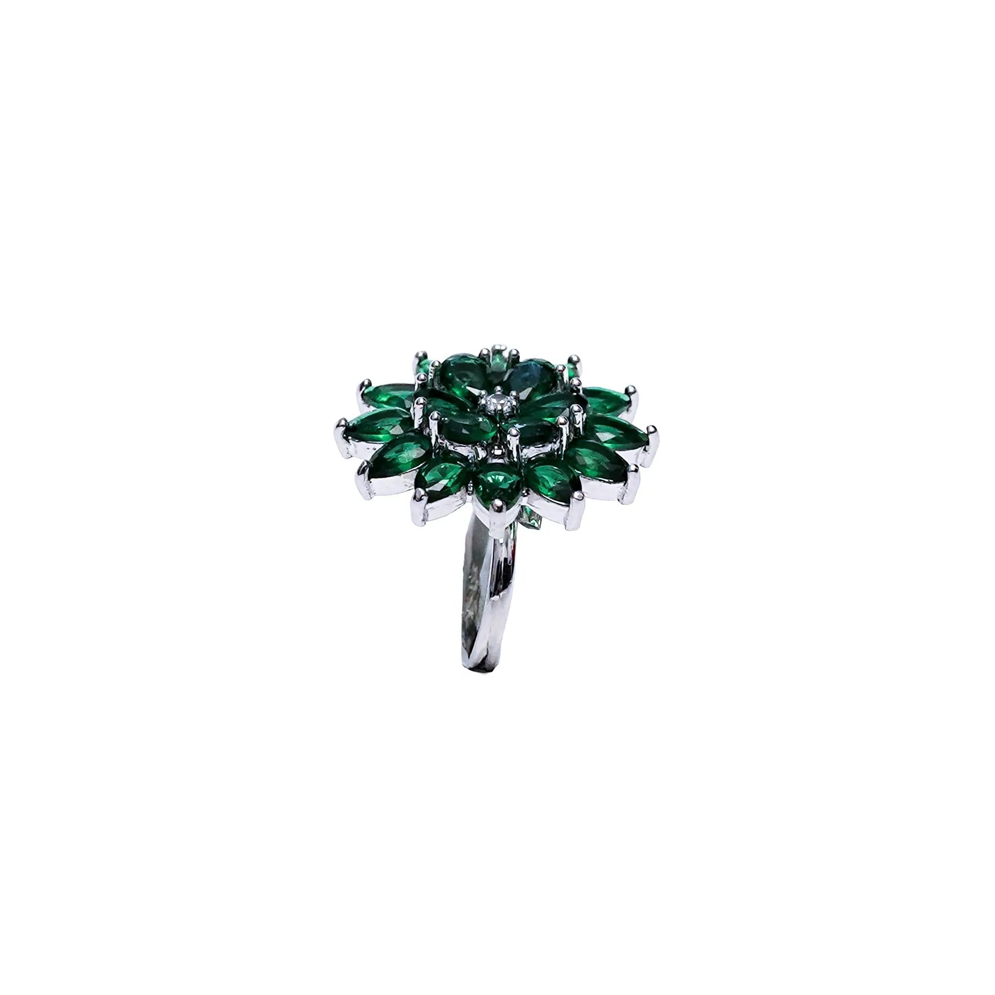 Elegant Silver-Plated Emerald Floral Adjustable Ring for Women & Girls. SIZZLE JEWELS