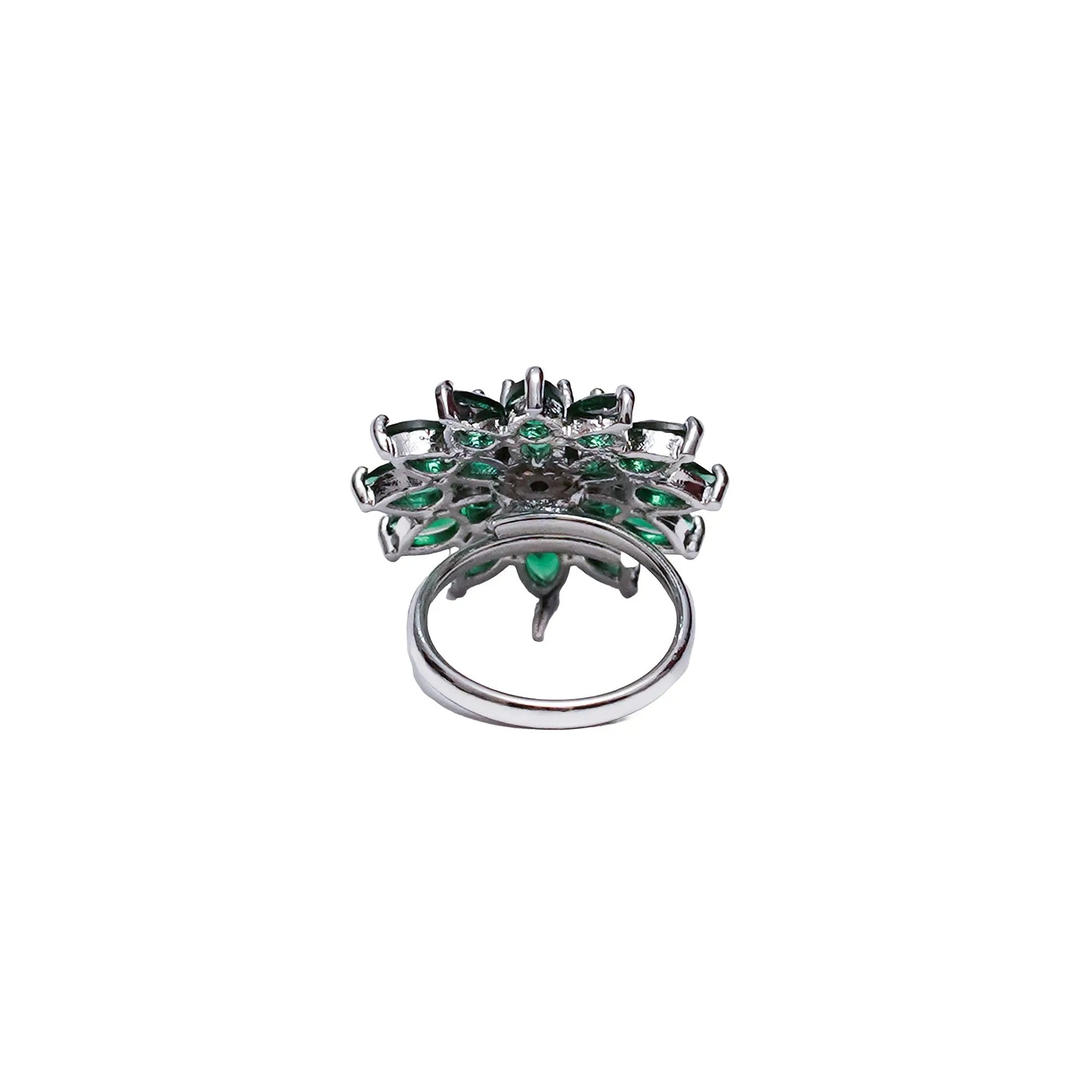 Elegant Silver-Plated Emerald Floral Adjustable Ring for Women & Girls. SIZZLE JEWELS