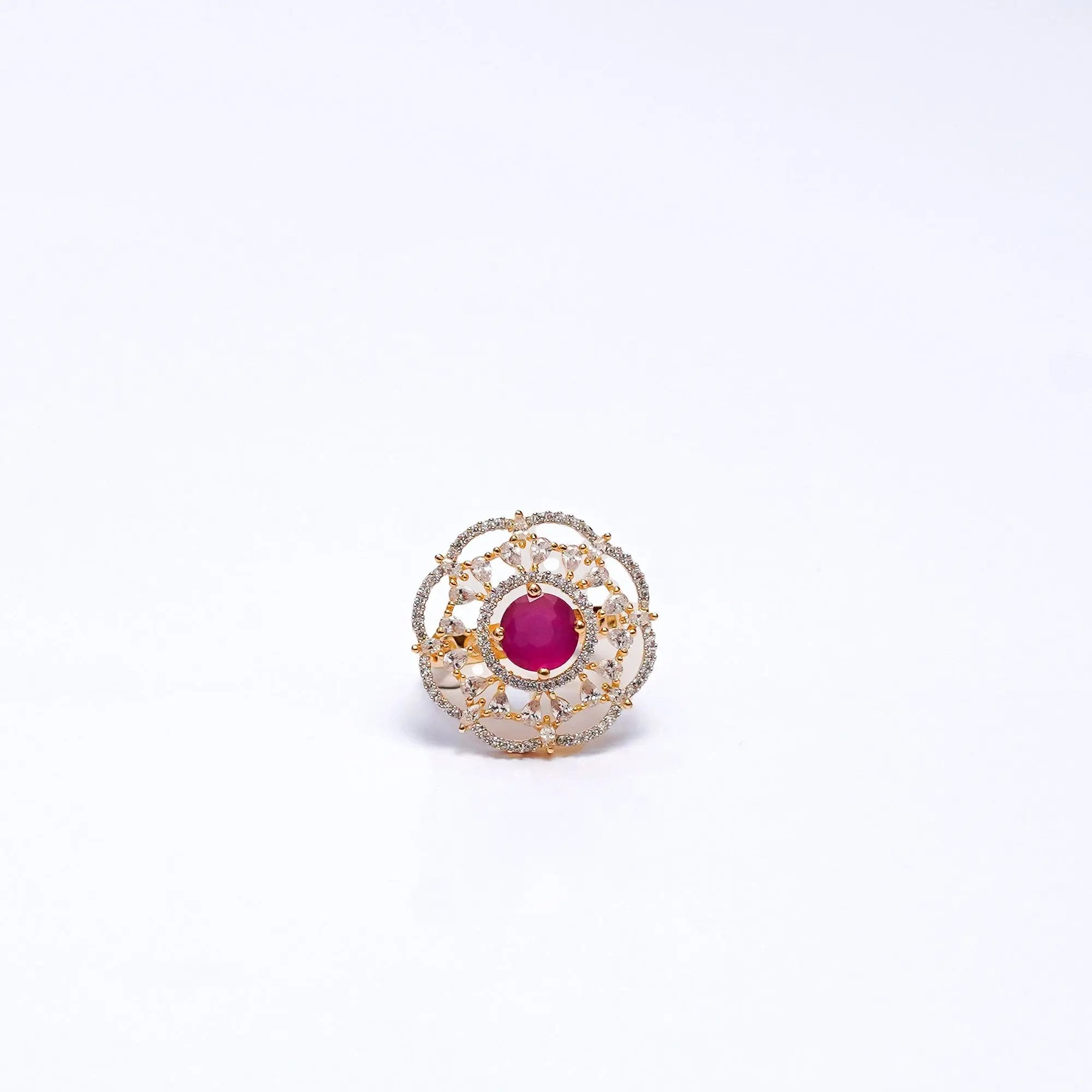 Elegant Gold-Plated Adjustable Ring with Ruby Stone & CZ Diamonds – Statement Cocktail Ring SIZZLE JEWELS