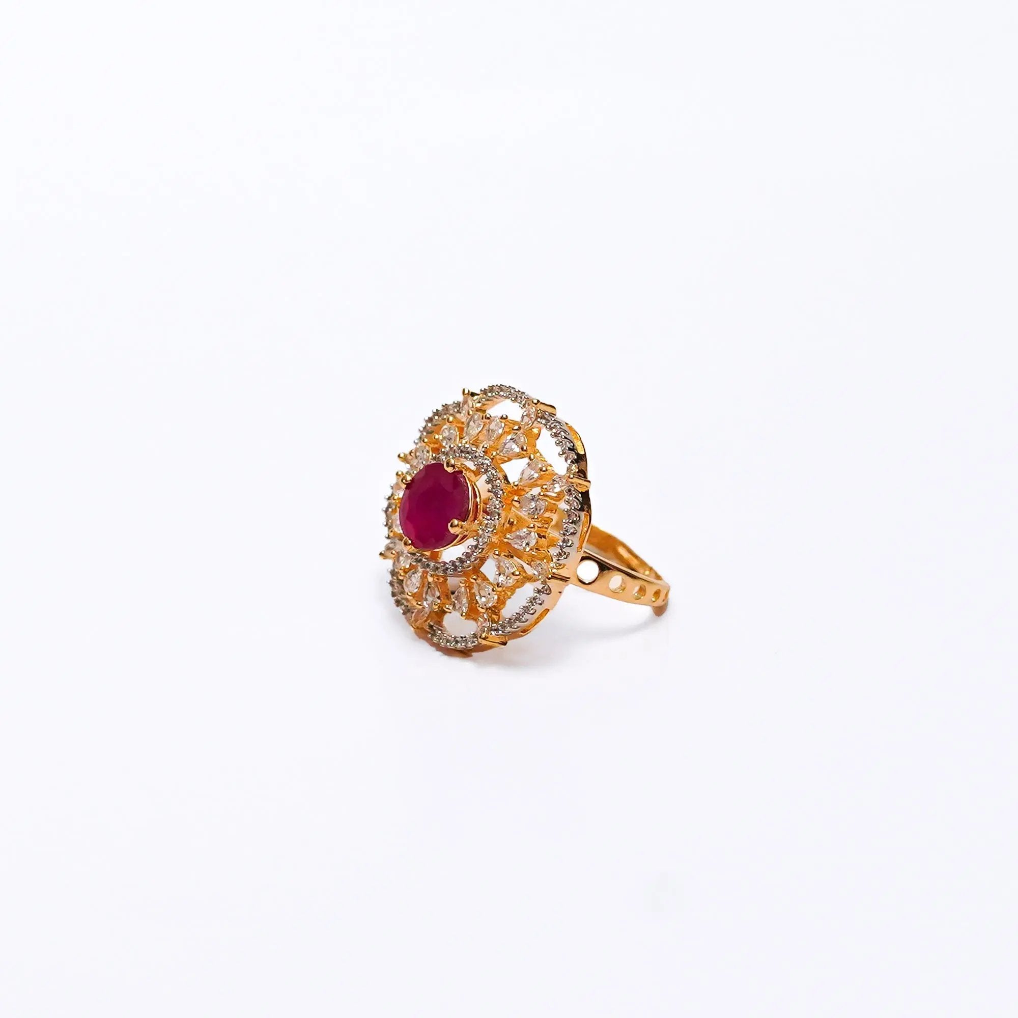Elegant Gold-Plated Adjustable Ring with Ruby Stone & CZ Diamonds – Statement Cocktail Ring SIZZLE JEWELS