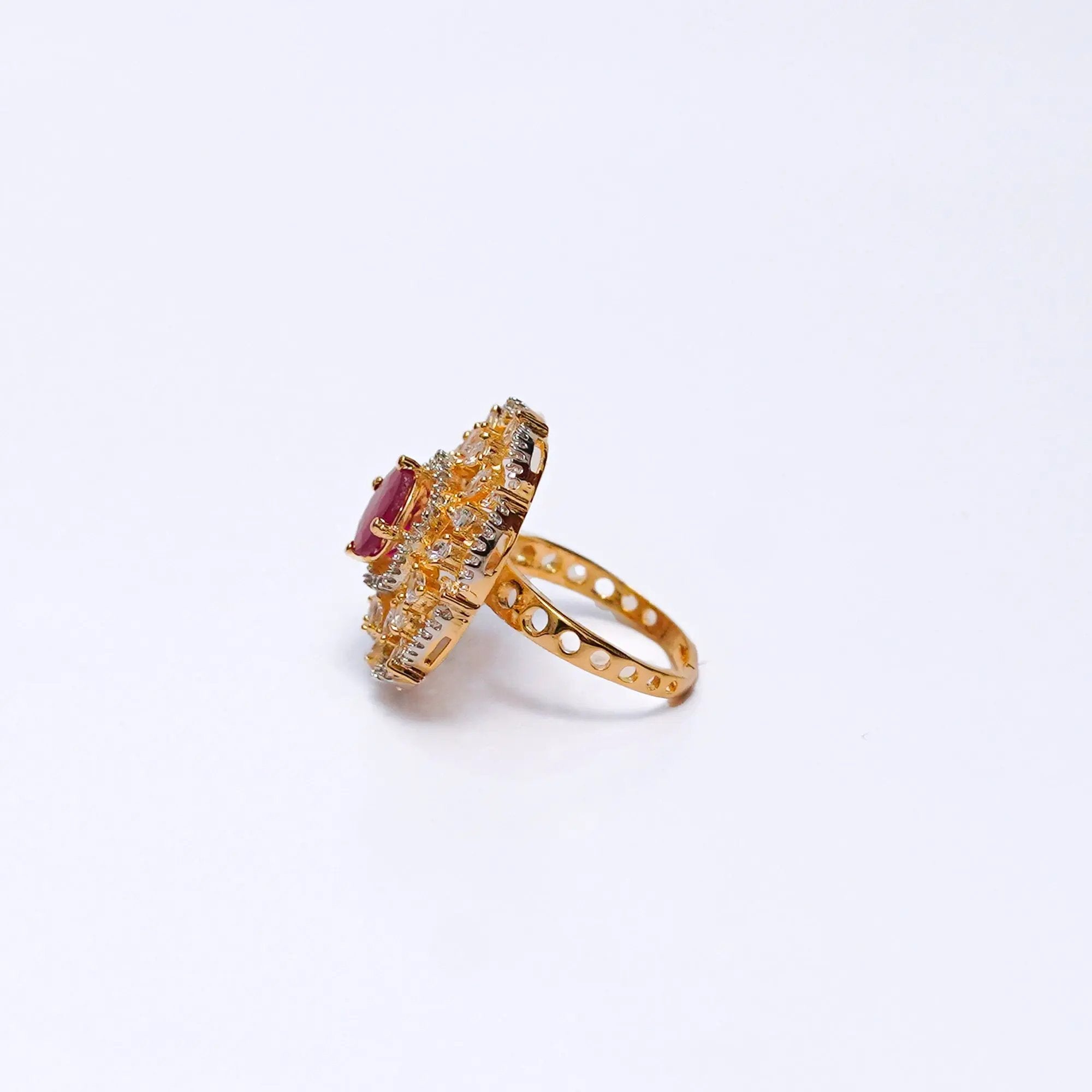Elegant Gold-Plated Adjustable Ring with Ruby Stone & CZ Diamonds – Statement Cocktail Ring SIZZLE JEWELS
