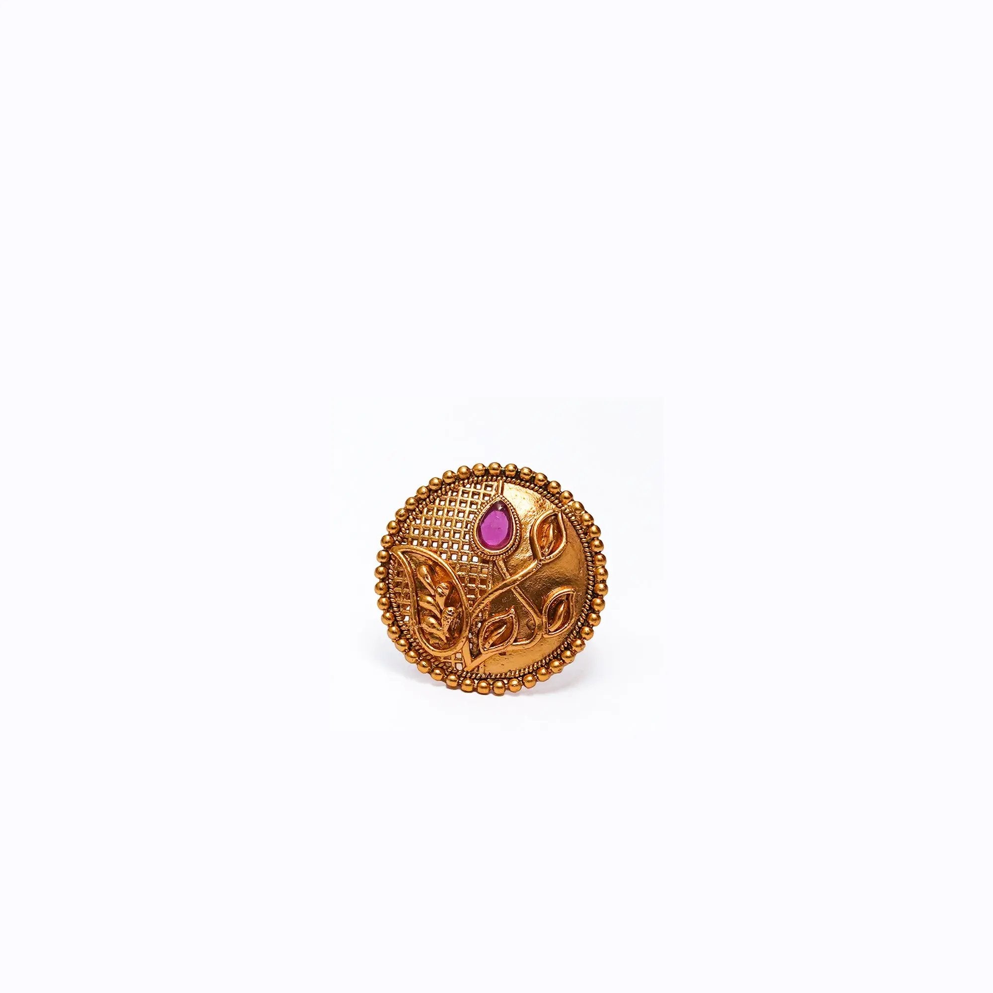 Handcrafted Antique Gold Adjustable Ring with Floral Leaf Design & Ruby Pink Stone SIZZLE JEWELS