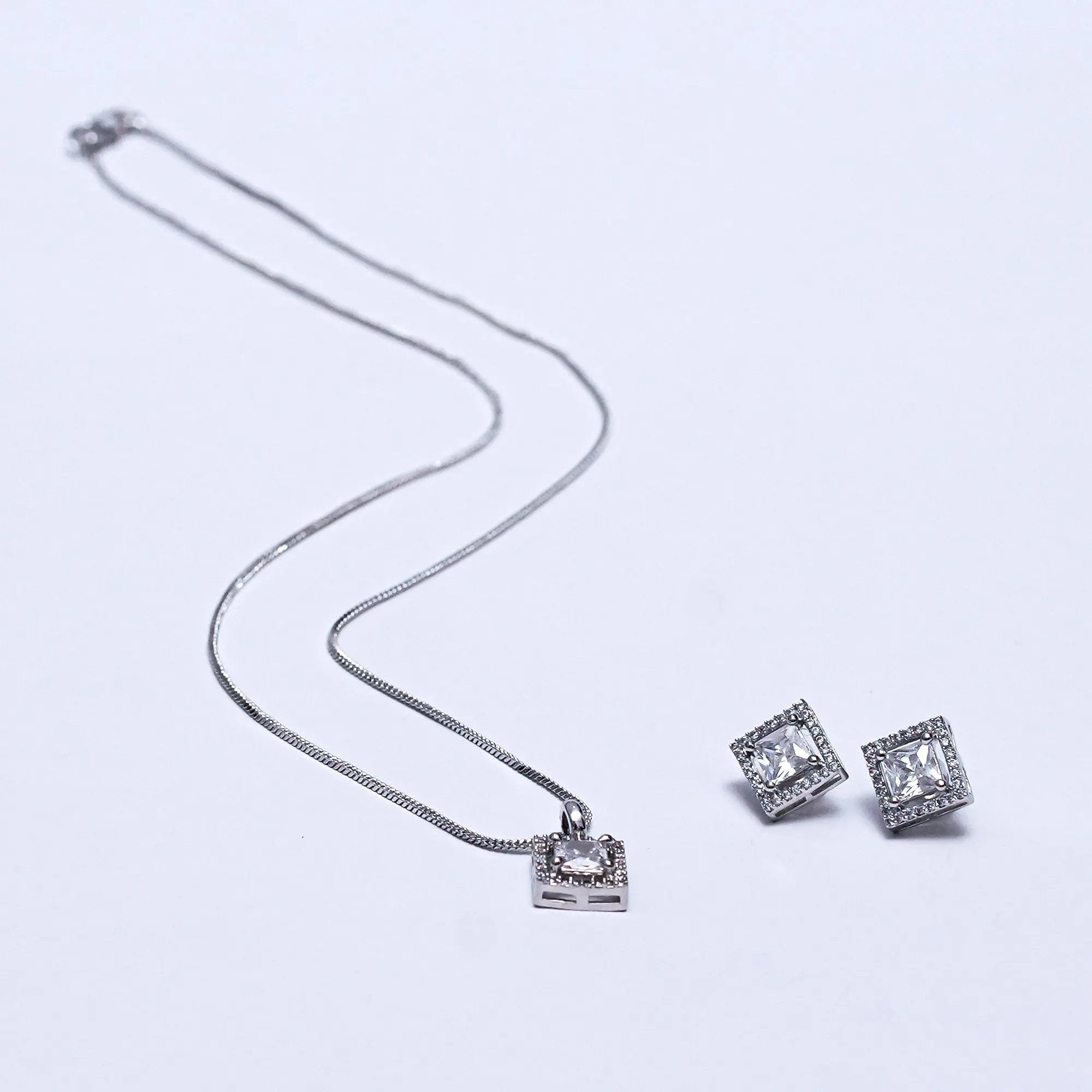 Elegant Silver-Plated Square Pendant Necklace & Earrings Set – Timeless Party & Wedding Jewelry for Women SIZZLE JEWELS
