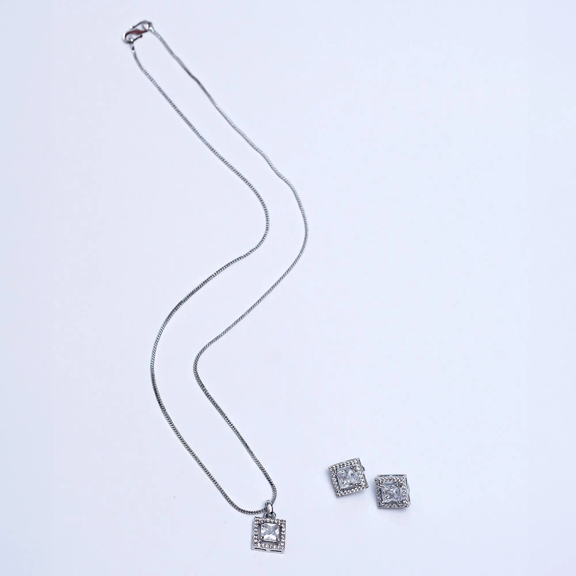 Elegant Silver-Plated Square Pendant Necklace & Earrings Set – Timeless Party & Wedding Jewelry for Women SIZZLE JEWELS