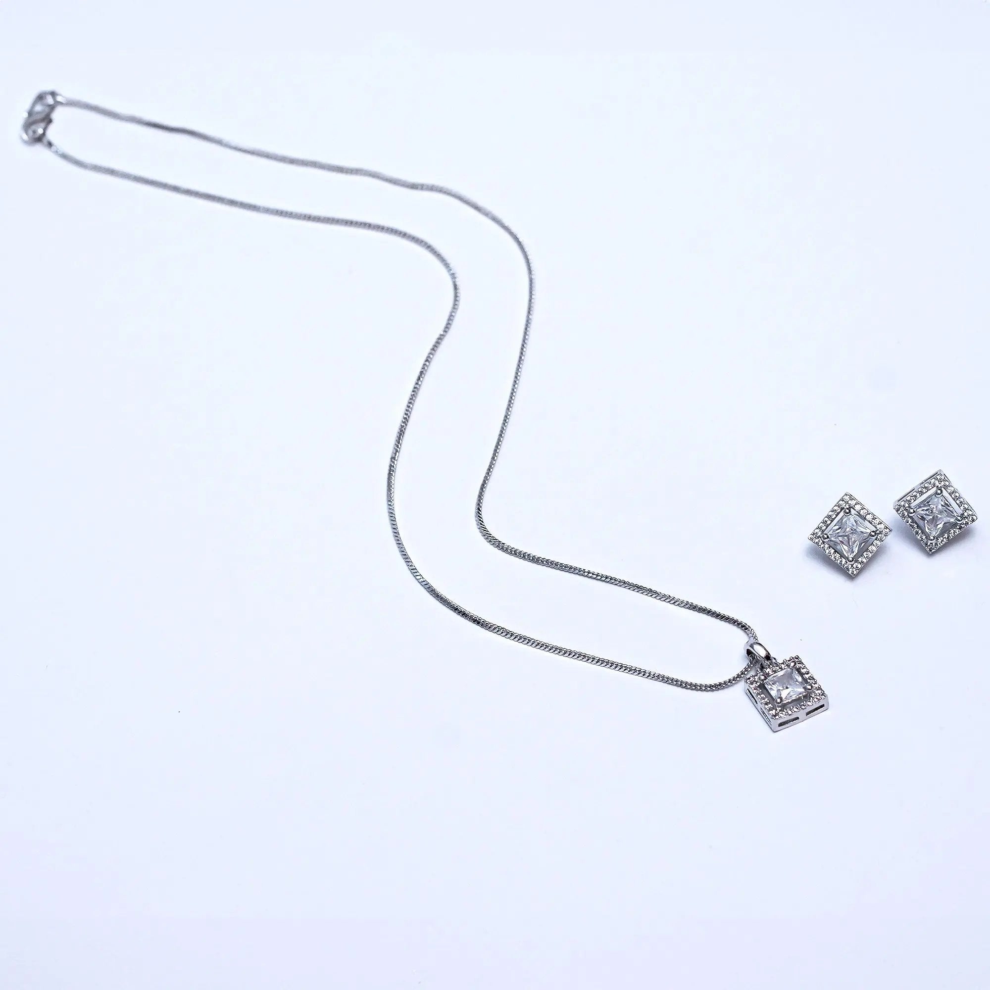 Elegant Silver-Plated Square Pendant Necklace & Earrings Set – Timeless Party & Wedding Jewelry for Women SIZZLE JEWELS