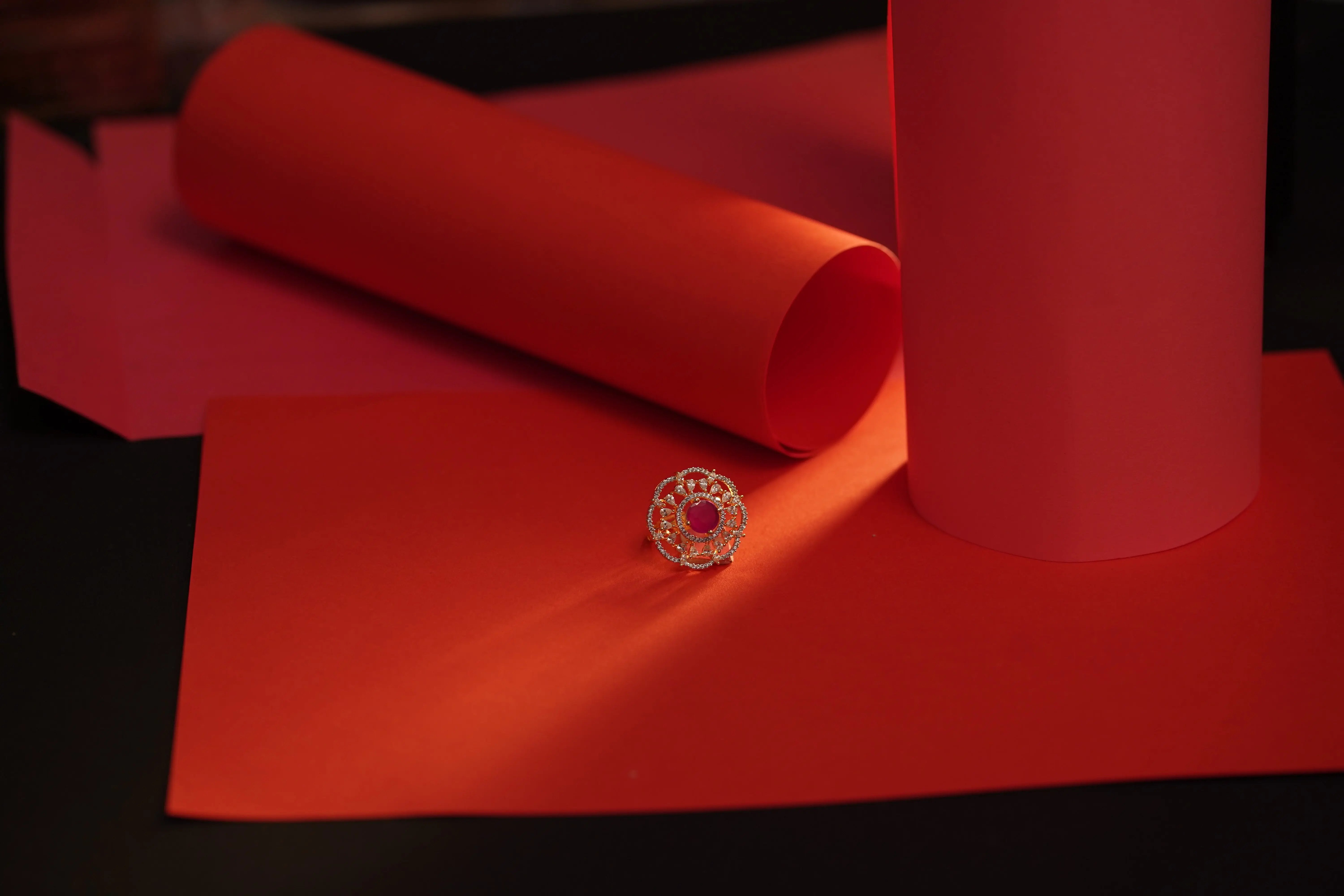 Elegant Gold-Plated Adjustable Ring with Ruby Stone & CZ Diamonds – Statement Cocktail Ring SIZZLE JEWELS