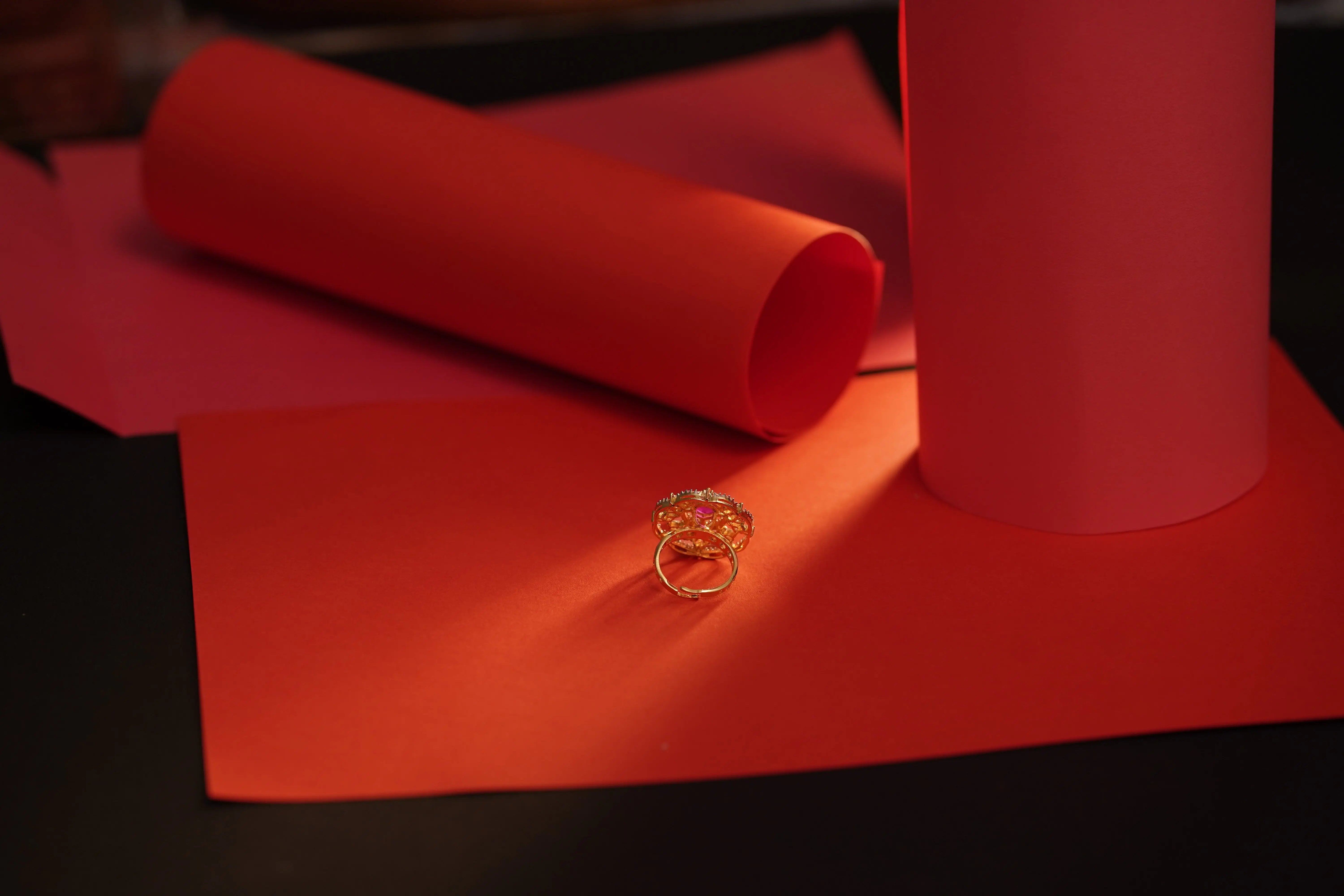 Elegant Gold-Plated Adjustable Ring with Ruby Stone & CZ Diamonds – Statement Cocktail Ring SIZZLE JEWELS