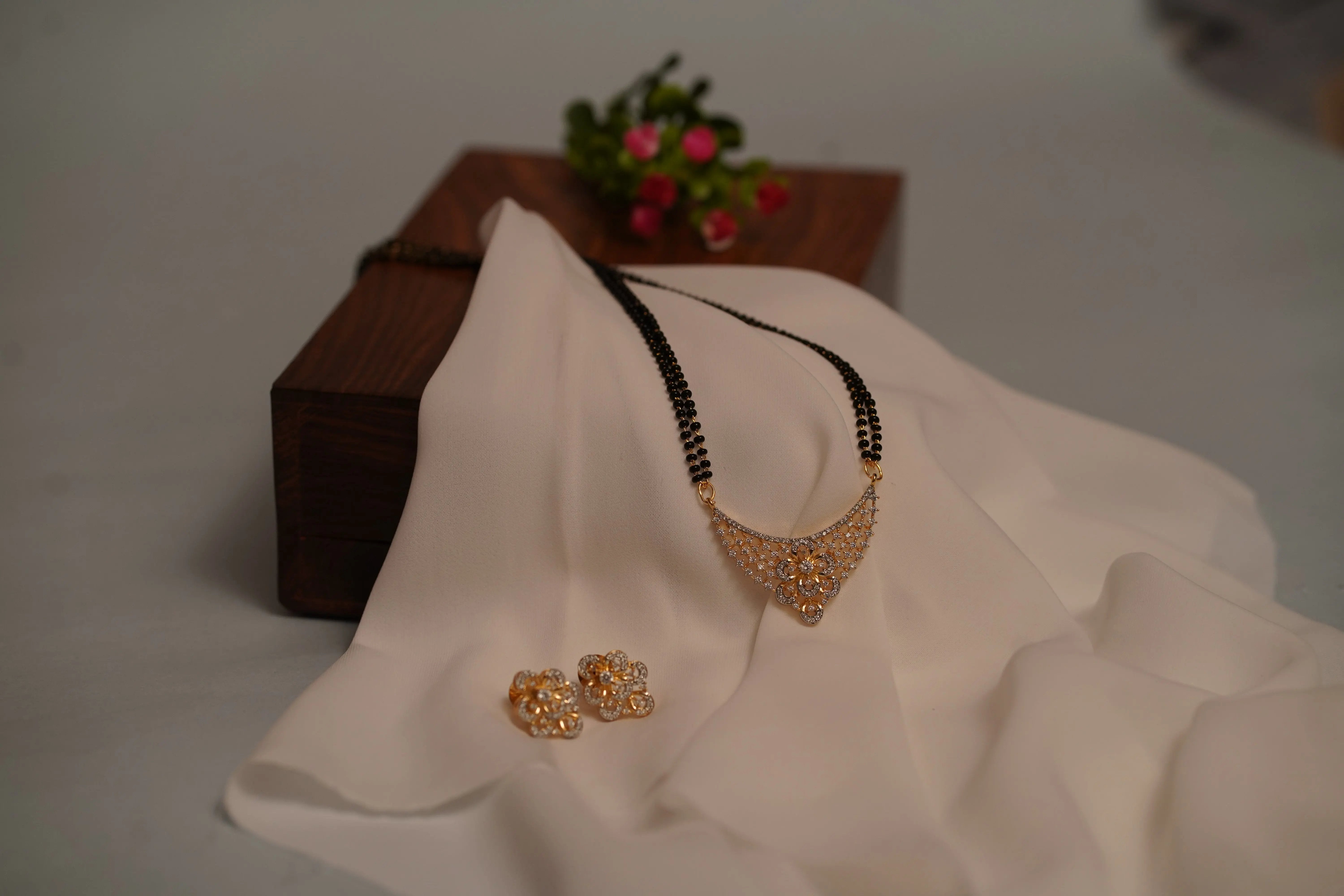 Premium American Diamond Gold Plated Mangalsutra with Earrings SIZZLE JEWELS