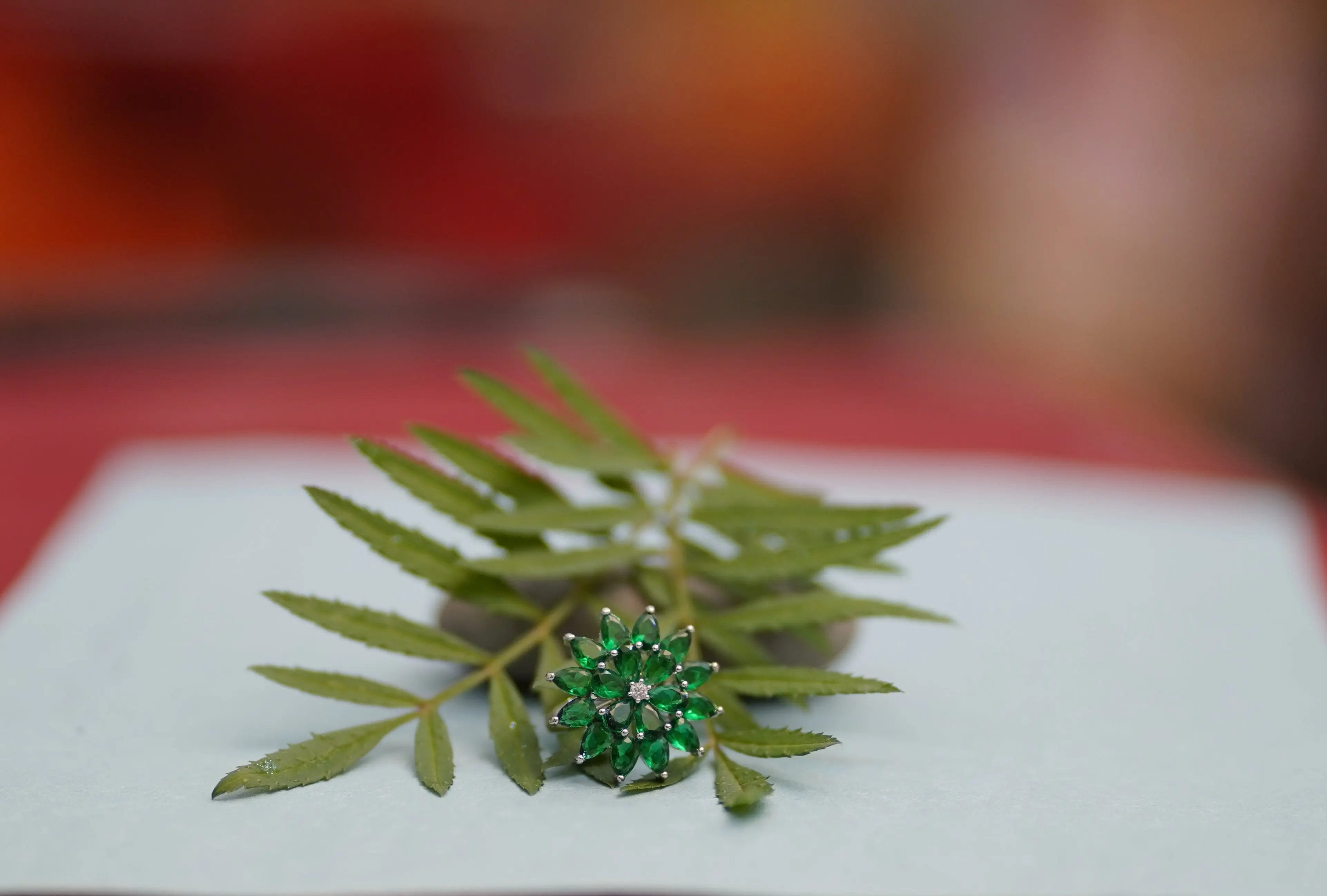 Elegant Silver-Plated Emerald Floral Adjustable Ring for Women & Girls. SIZZLE JEWELS