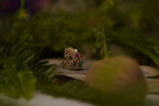 ✨ Designer Navratna Adjustable Ring – Colourful Gemstone Gold Polish ✨ SIZZLE JEWELS