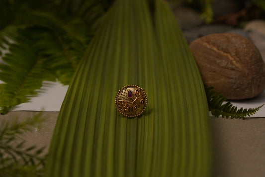 Handcrafted Antique Gold Adjustable Ring with Floral Leaf Design & Ruby Pink Stone SIZZLE JEWELS
