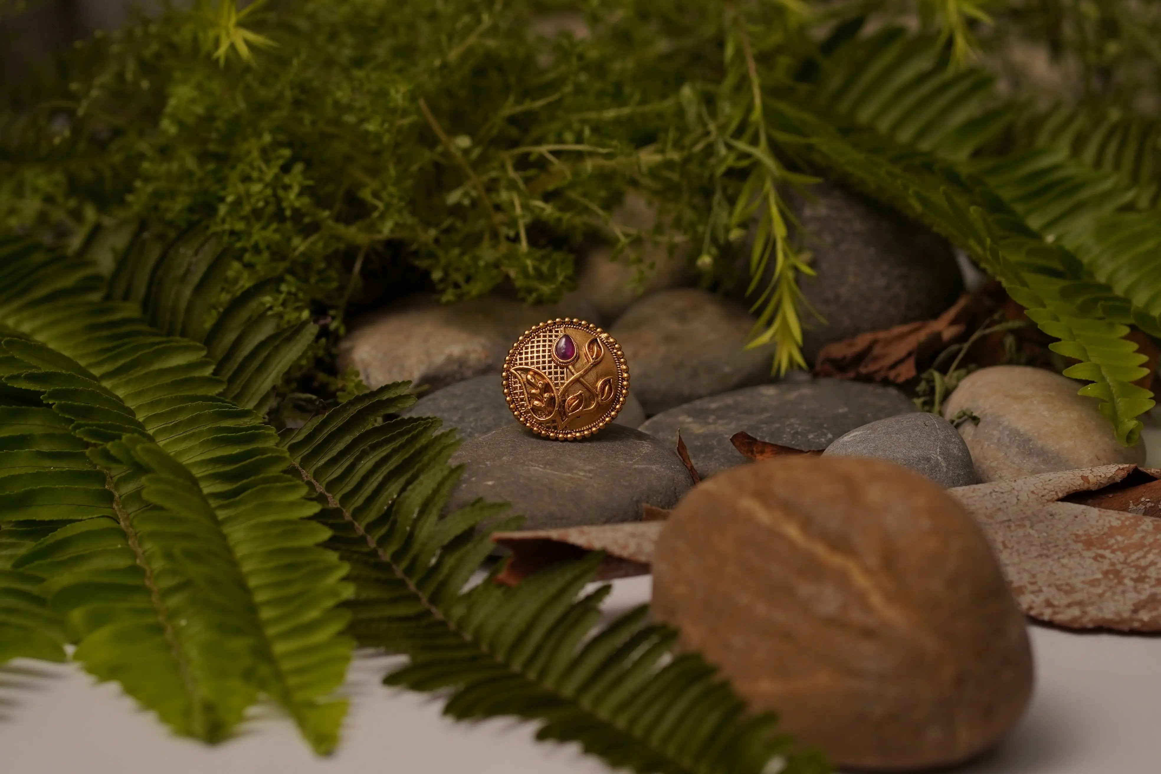 Handcrafted Antique Gold Adjustable Ring with Floral Leaf Design & Ruby Pink Stone SIZZLE JEWELS