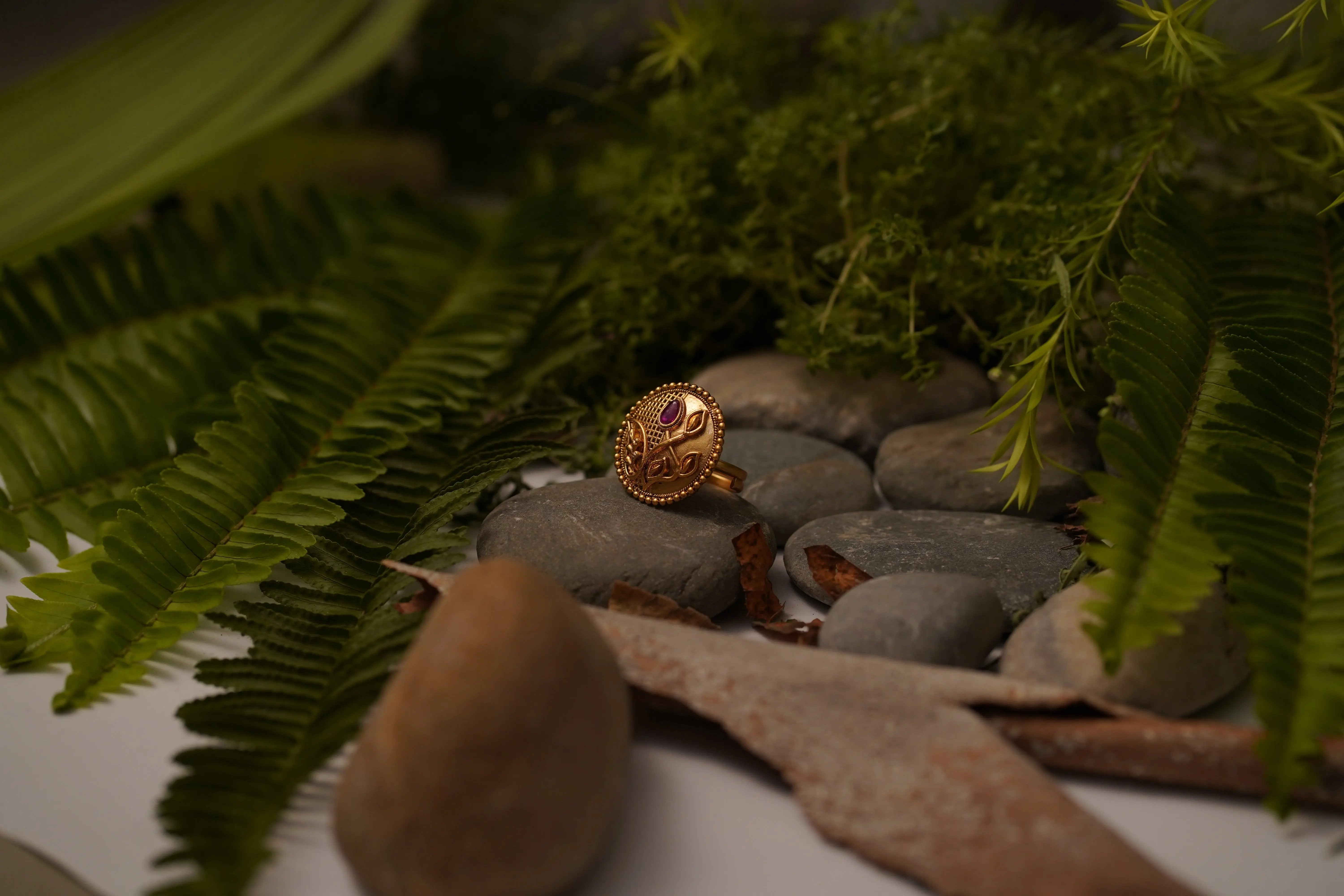 Handcrafted Antique Gold Adjustable Ring with Floral Leaf Design & Ruby Pink Stone SIZZLE JEWELS