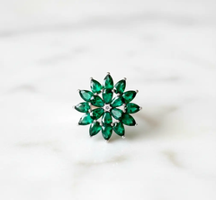 Elegant Silver-Plated Emerald Floral Adjustable Ring for Women & Girls. SIZZLE JEWELS