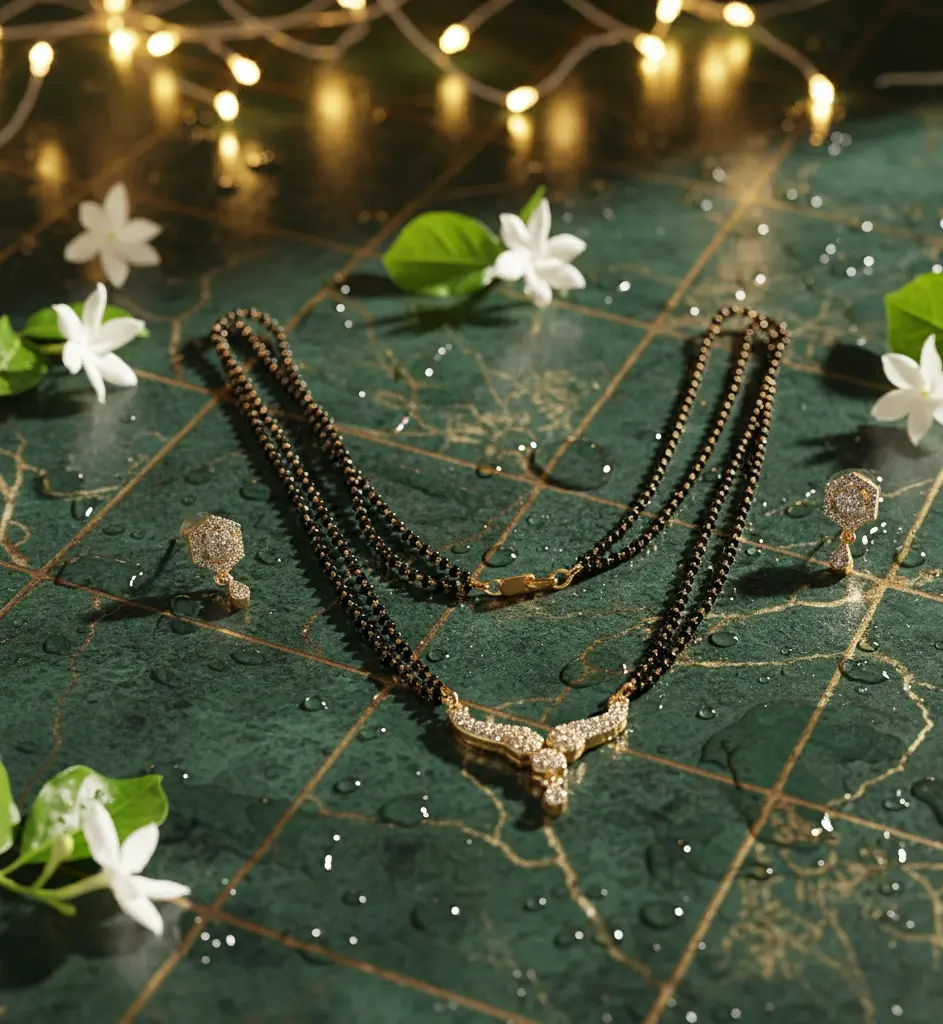 Designer Diamond Mangalsutra with Double Chain & Matching Earrings Set SIZZLE JEWELS