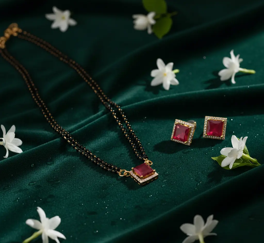 ✨ Trendy Square Pendant Mangalsutra with Ruby Red Stones – Celebrity Style Daily Wear Mangalsutra for Women ✨ SIZZLE JEWELS