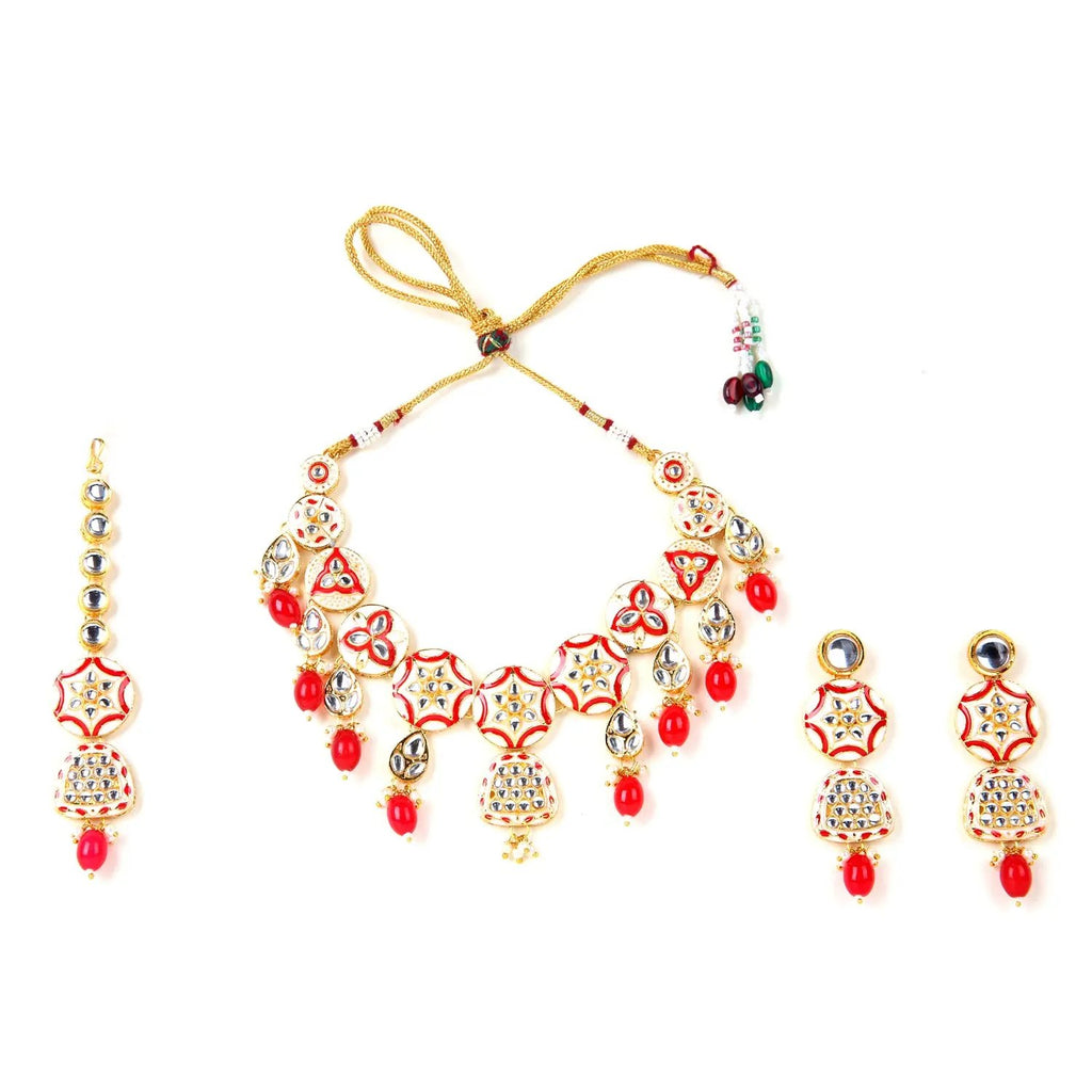 Sizzle Jewels Red Meenakari Necklace Set with Earrings and Maang Tikka