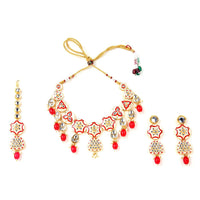 Sizzle Jewels Red Meenakari Necklace Set with Earrings and Maang Tikka