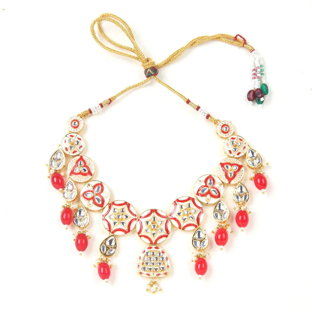 Sizzle Jewels Red Meenakari Necklace Set with Earrings and Maang Tikka