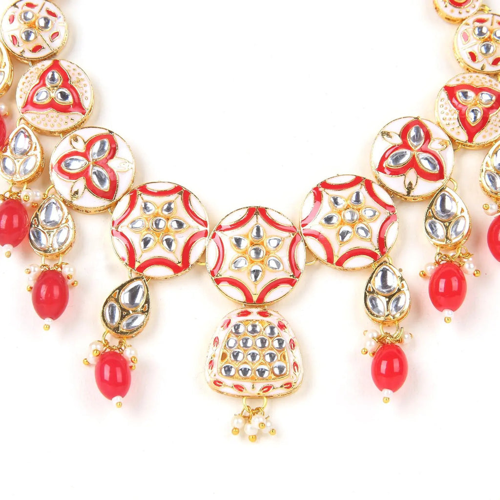 Sizzle Jewels Red Meenakari Necklace Set with Earrings and Maang Tikka