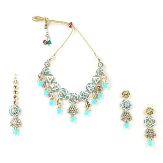 Sizzle Jewels Handmade Sky Blue Kundan Necklace Set with Earrings | Maang Tikka SIZZLE JEWELS