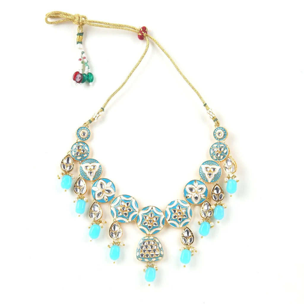 Sizzle Jewels Handmade Sky Blue Kundan Necklace Set with Earrings | Maang Tikka