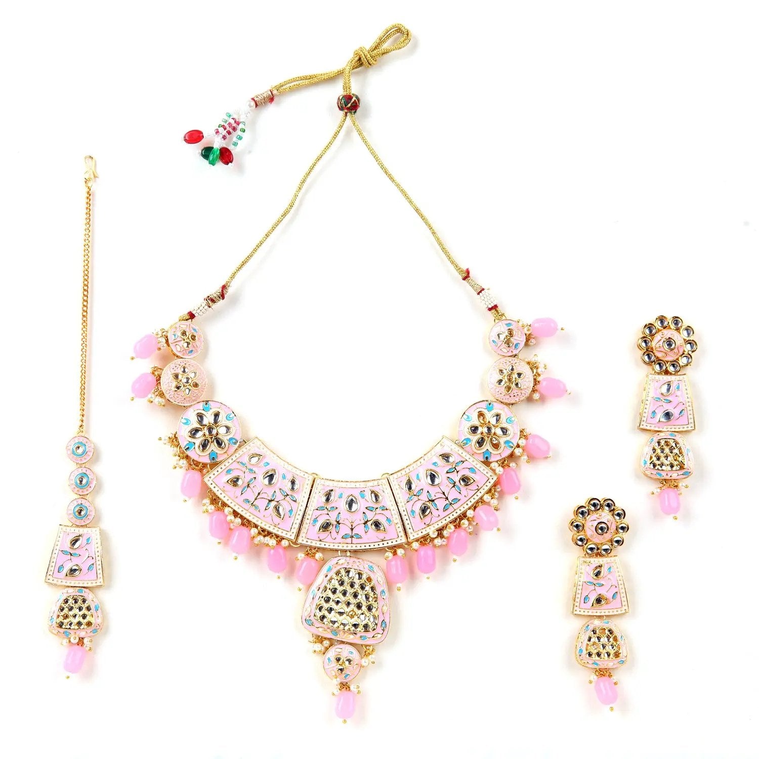 Sizzle Jewels Elegant Pink Handmade Meenakari Necklace Set with Earrings | Maang Tikka SIZZLE JEWELS