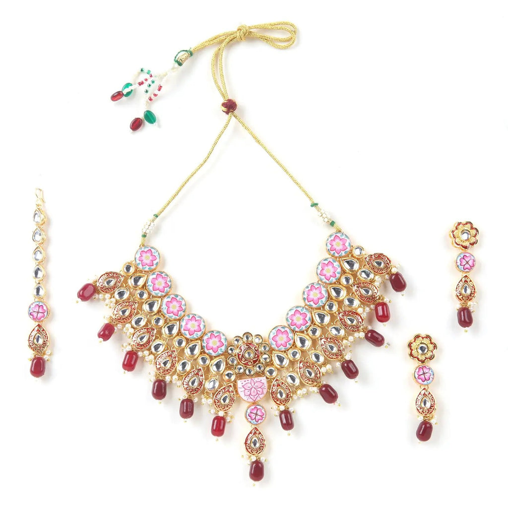 Sizzle Jewels Elegant Pink and Maroon Kundan Meenakari Necklace Set