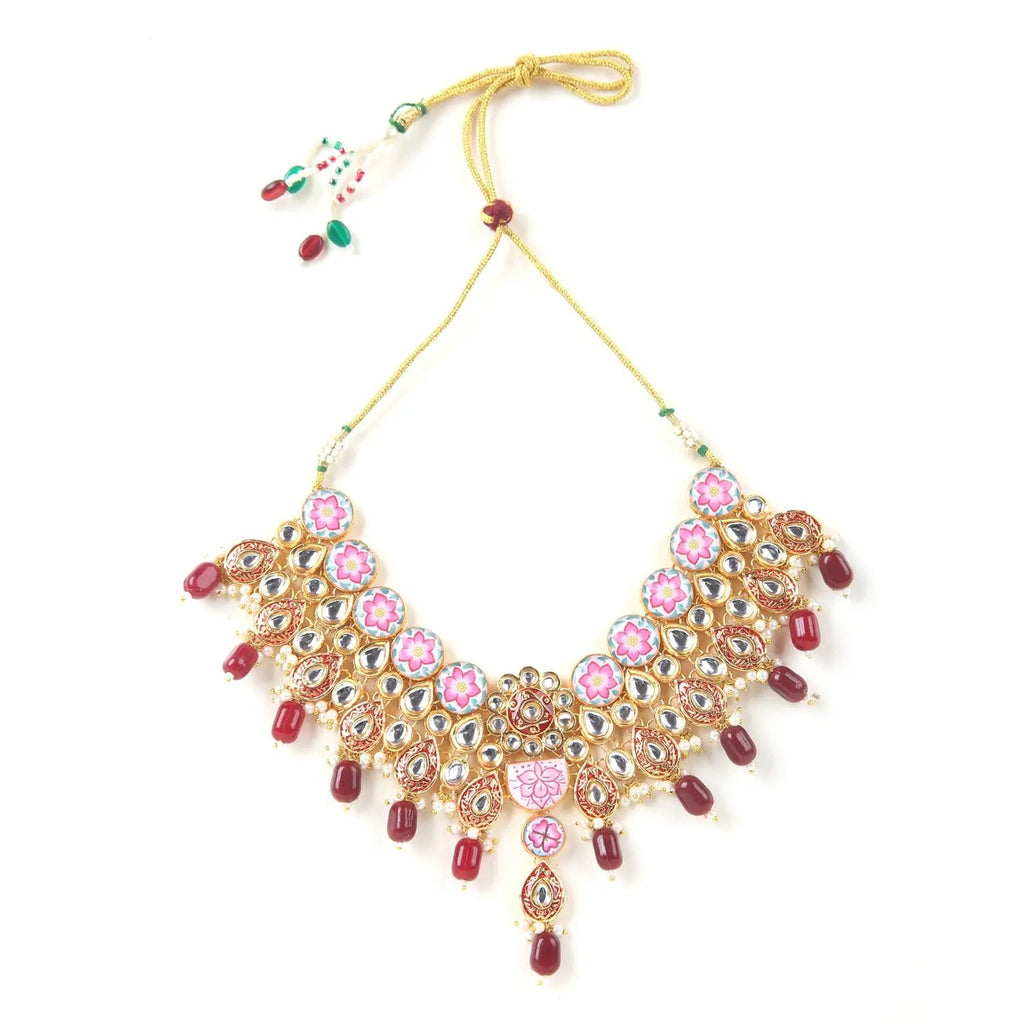 Sizzle Jewels Elegant Pink and Maroon Kundan Meenakari Necklace Set