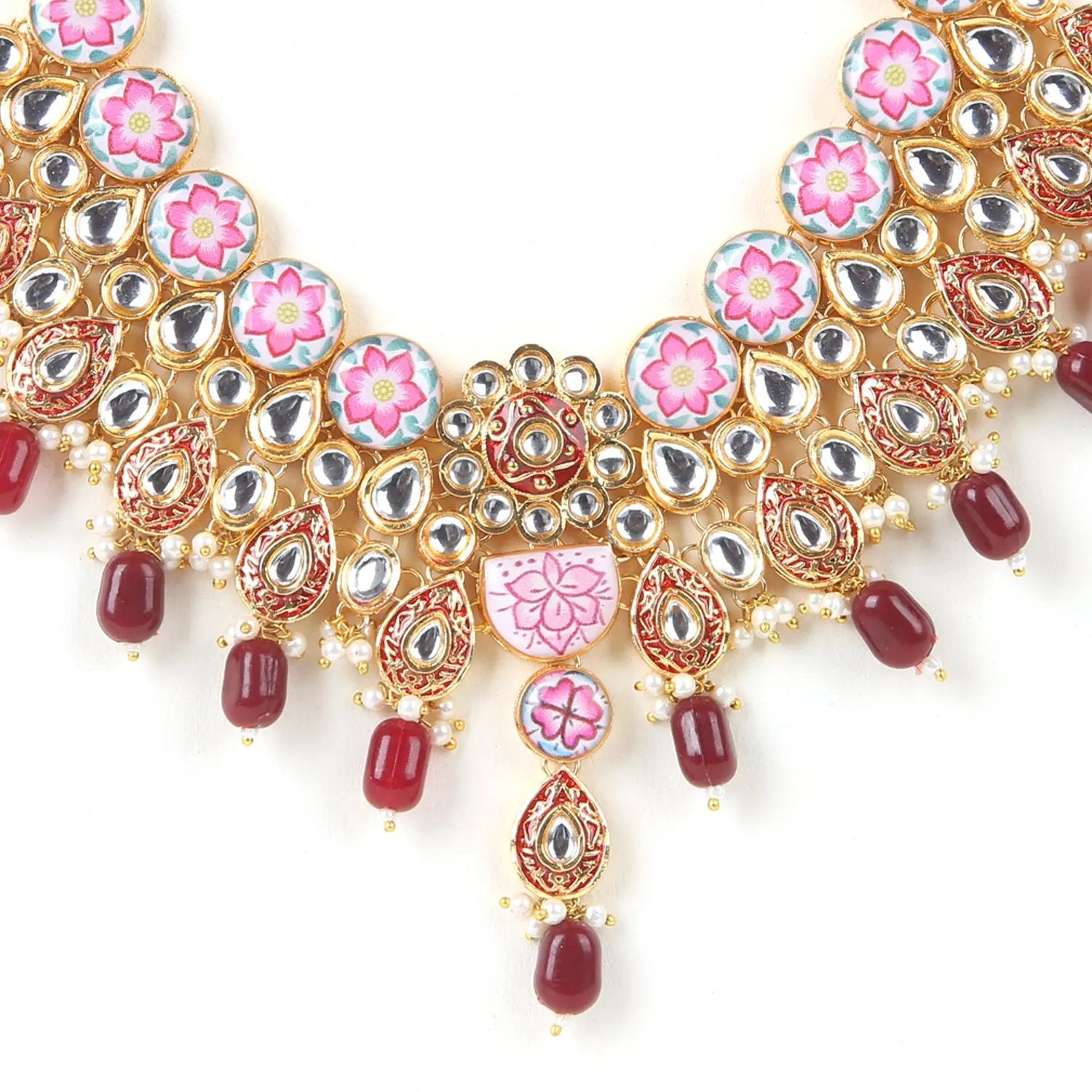 Sizzle Jewels Elegant Pink and Maroon Kundan Meenakari Necklace Set | Handmade Bridal Jewelry with Earrings and Maang Tikka SIZZLE JEWELS