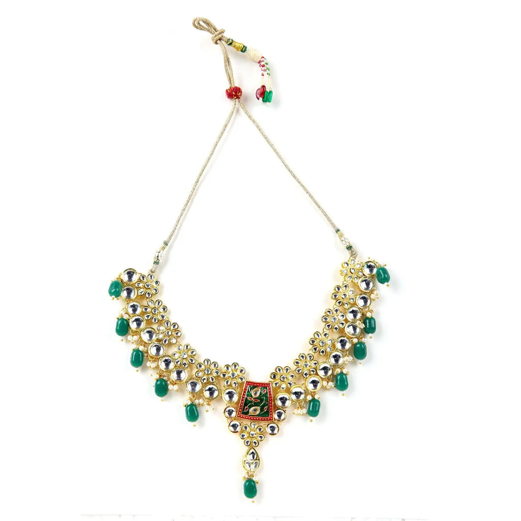 Sizzle Jewels Traditional Kundan and Meenakari Necklace Set with Green Beads – Elegant Bridal Jewellery
